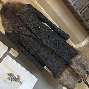 Zara Dark Charcoal Herringbone Peacoat with Faux Fur Trim